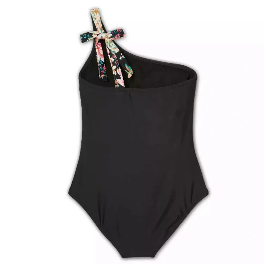 Kona Sol Swimsuit One Piece Medium One Shoulder Tie Black With Floral Strap NWT - Picture 4 of 4